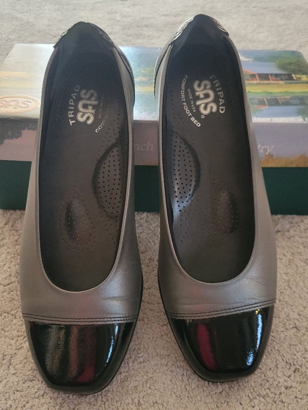 SAS Coco Graphite Leather Patent Cap Toe Flats Sz 6.5M | Made in USA | Box